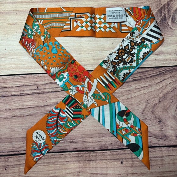 Hermes Twilly Silk Scarf Orange Multicolor Graphic Ribbon Style